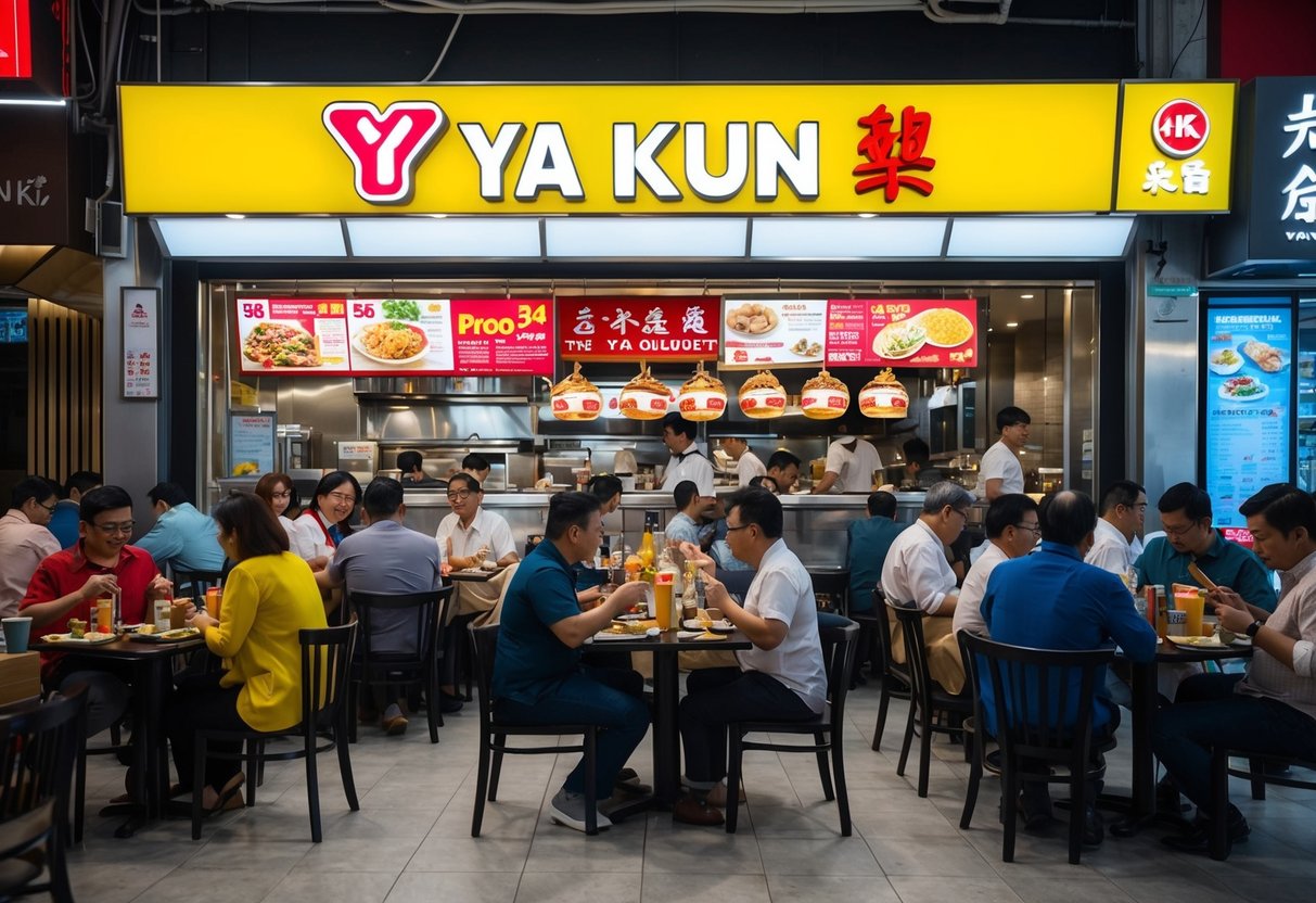 A bustling Ya Kun outlet with customers enjoying promotions on the menu items. Tables and chairs filled with people savoring their meals
