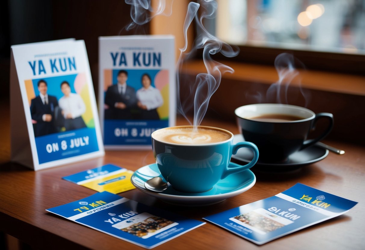 A steaming cup of coffee and tea sit on a table, surrounded by promotional materials for Ya Kun on 8 July