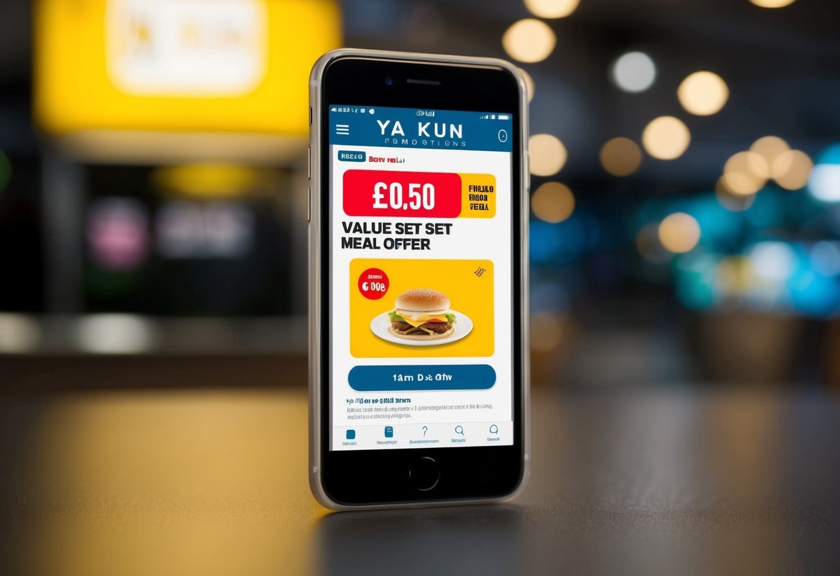 A smartphone displaying a £0.50 Value Set Meal offer from Ya Kun promotions, with the app interface visible