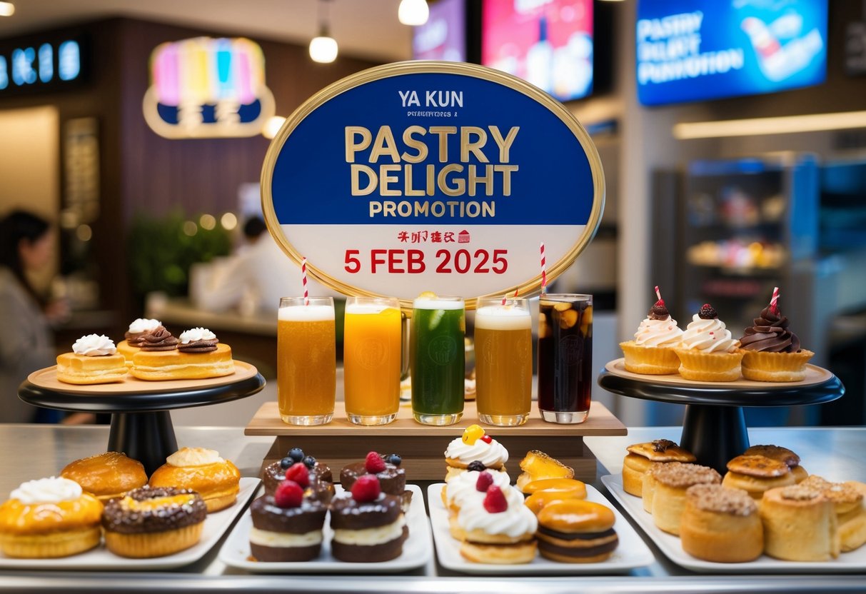 A festive display of assorted pastries and beverages at Ya Kun, featuring the "Pastry Delight Promotion" signage for 5 Feb 2025
