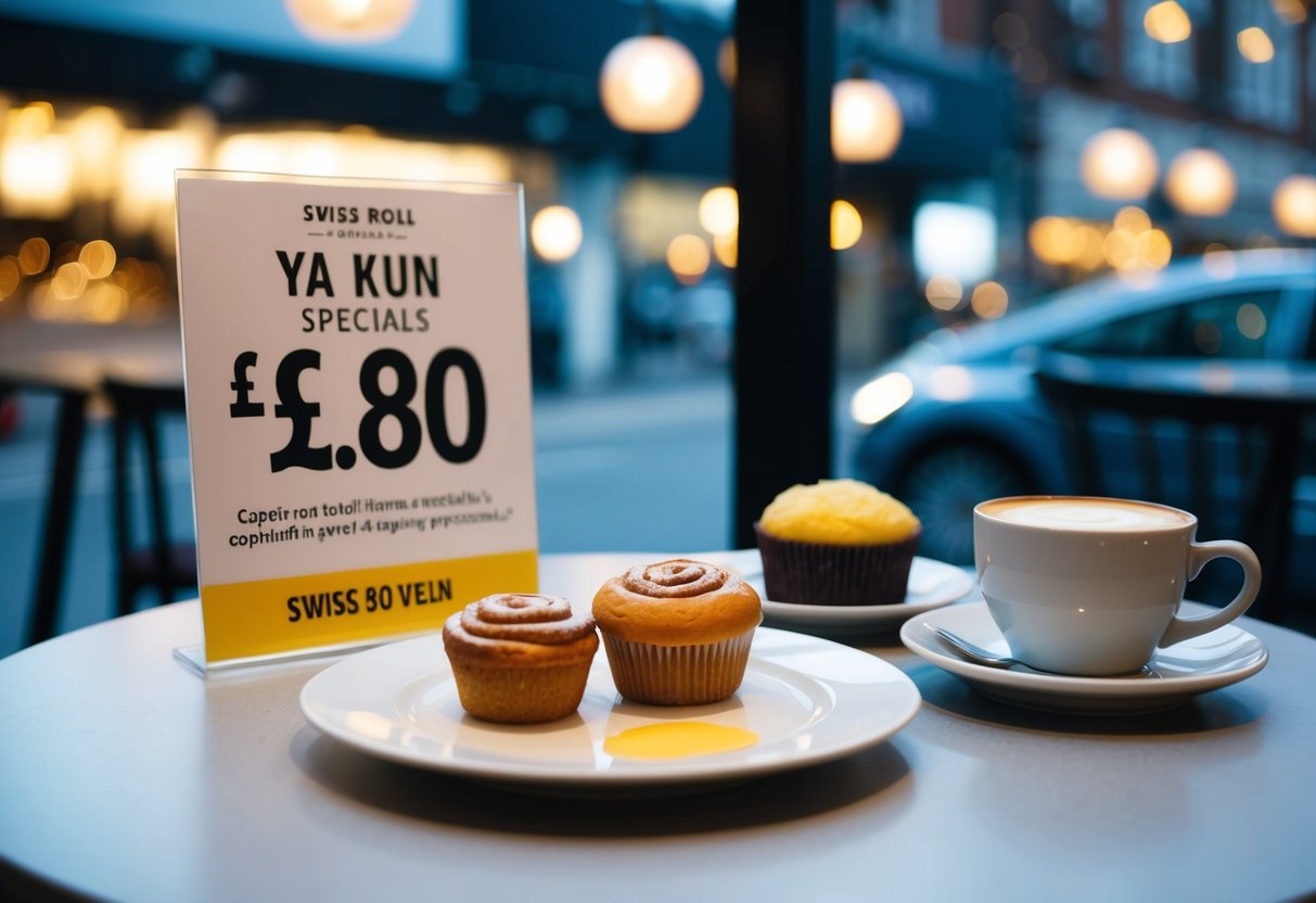 A table with a plate of Swiss Roll and Muffin, a cup of coffee, and a promotional sign for £4.80 Ya Kun specials