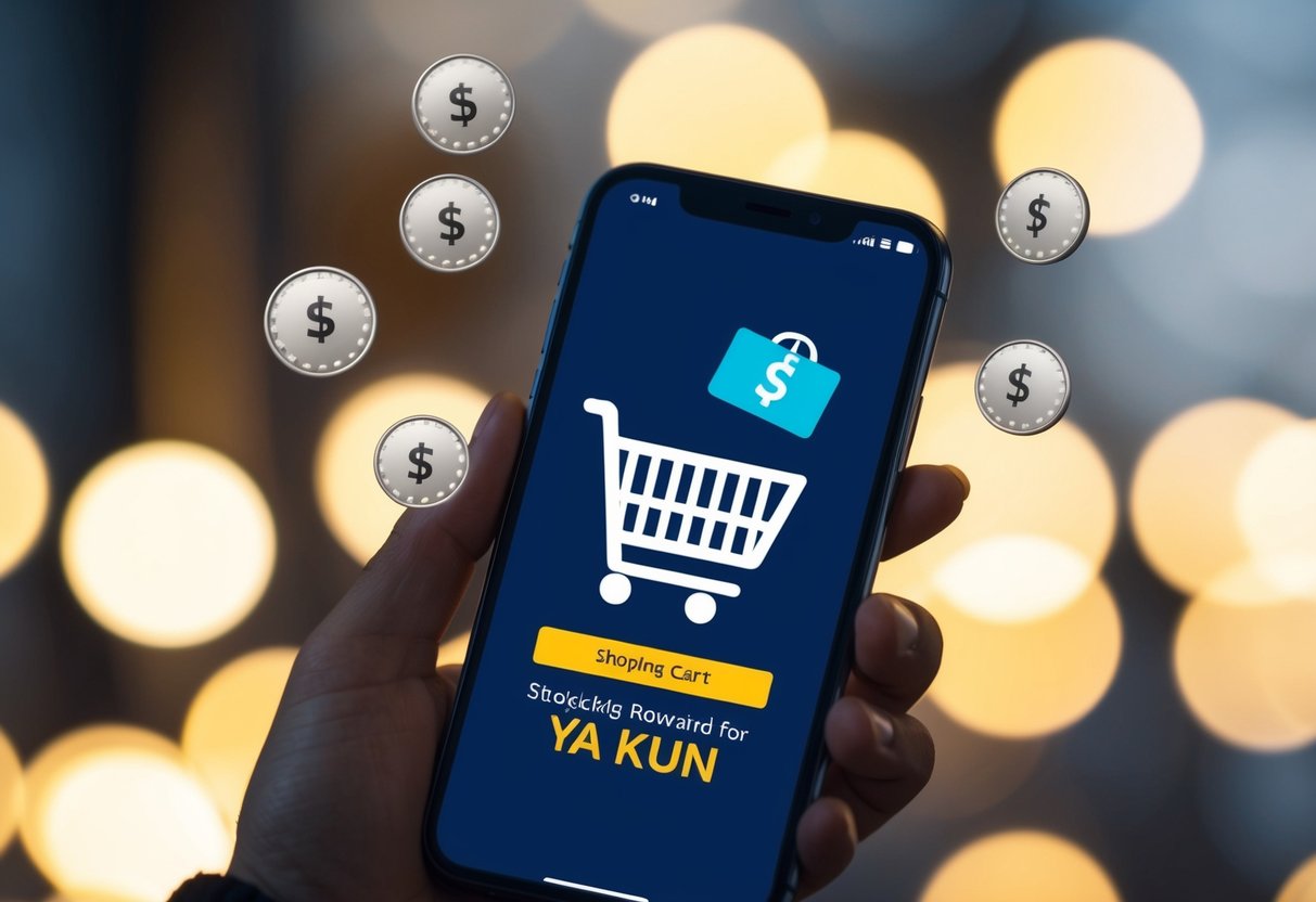 A smartphone with a shopping cart icon surrounded by floating reward points and a promotional banner for Ya Kun