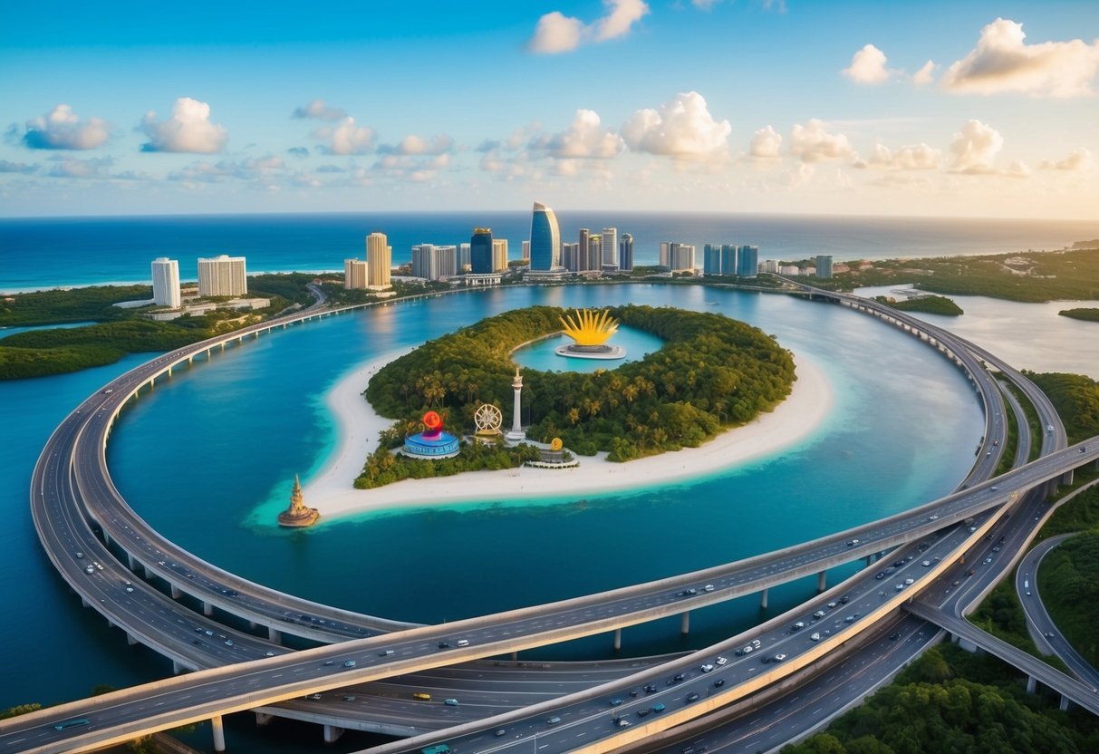 A tropical island with various iconic landmarks and symbols, surrounded by a network of interconnected roads and highways