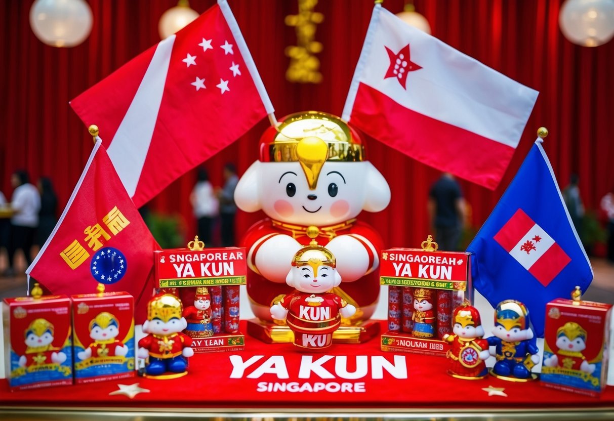A festive display of Singaporean flags and Ya Kun merchandise