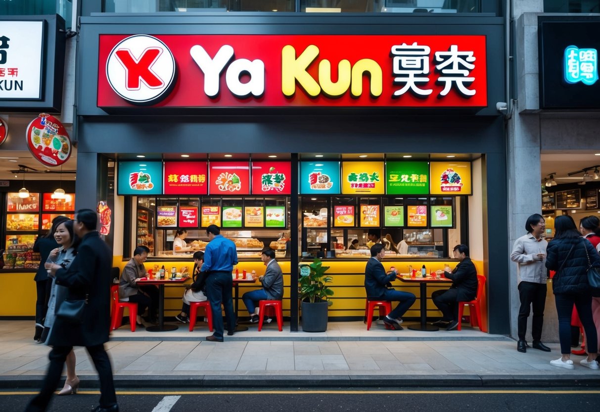 A bustling Ya Kun outlet with colorful promotional displays and customers enjoying their food and drinks