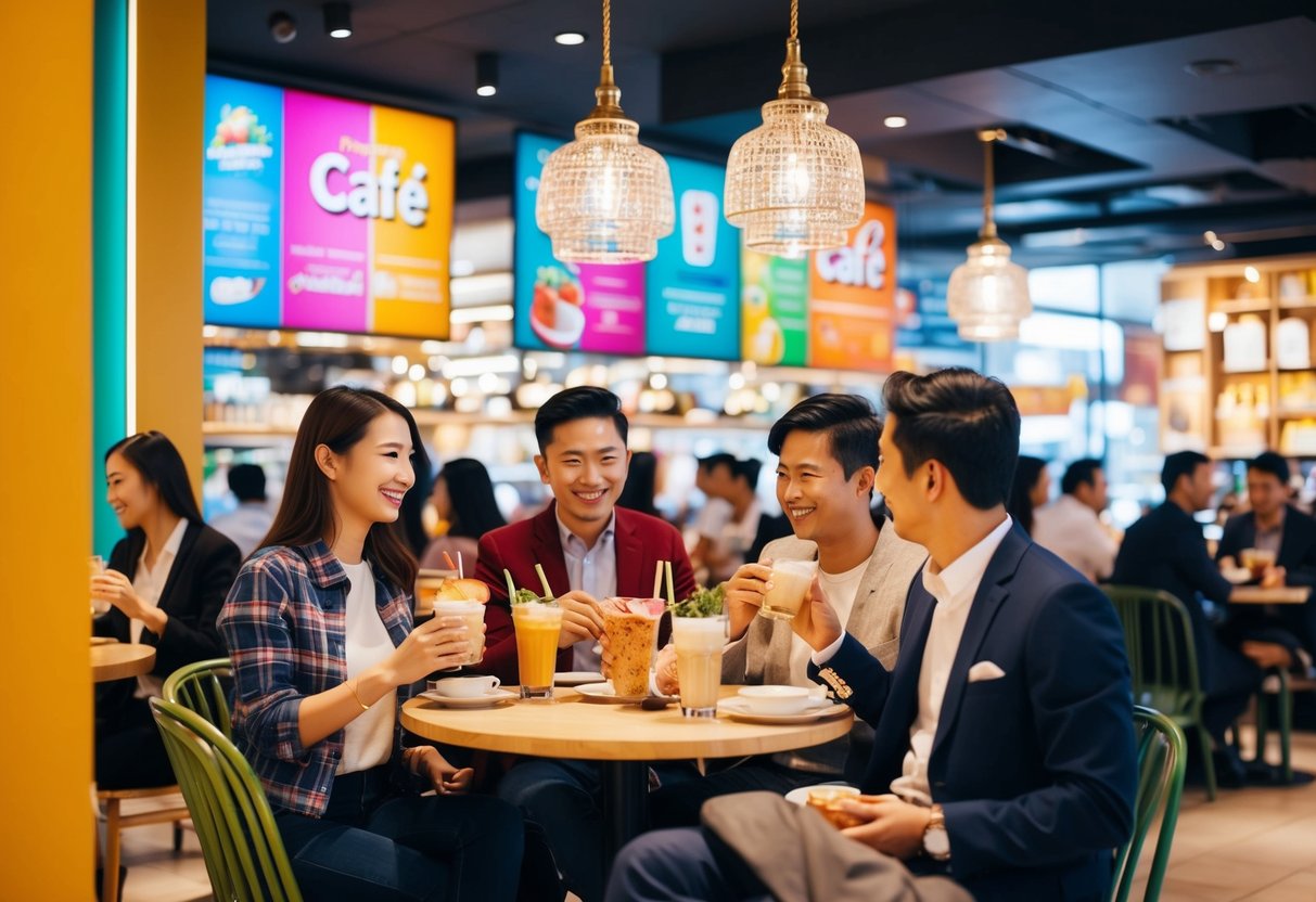 A bustling café with colorful promotional displays and happy customers enjoying their drinks and snacks