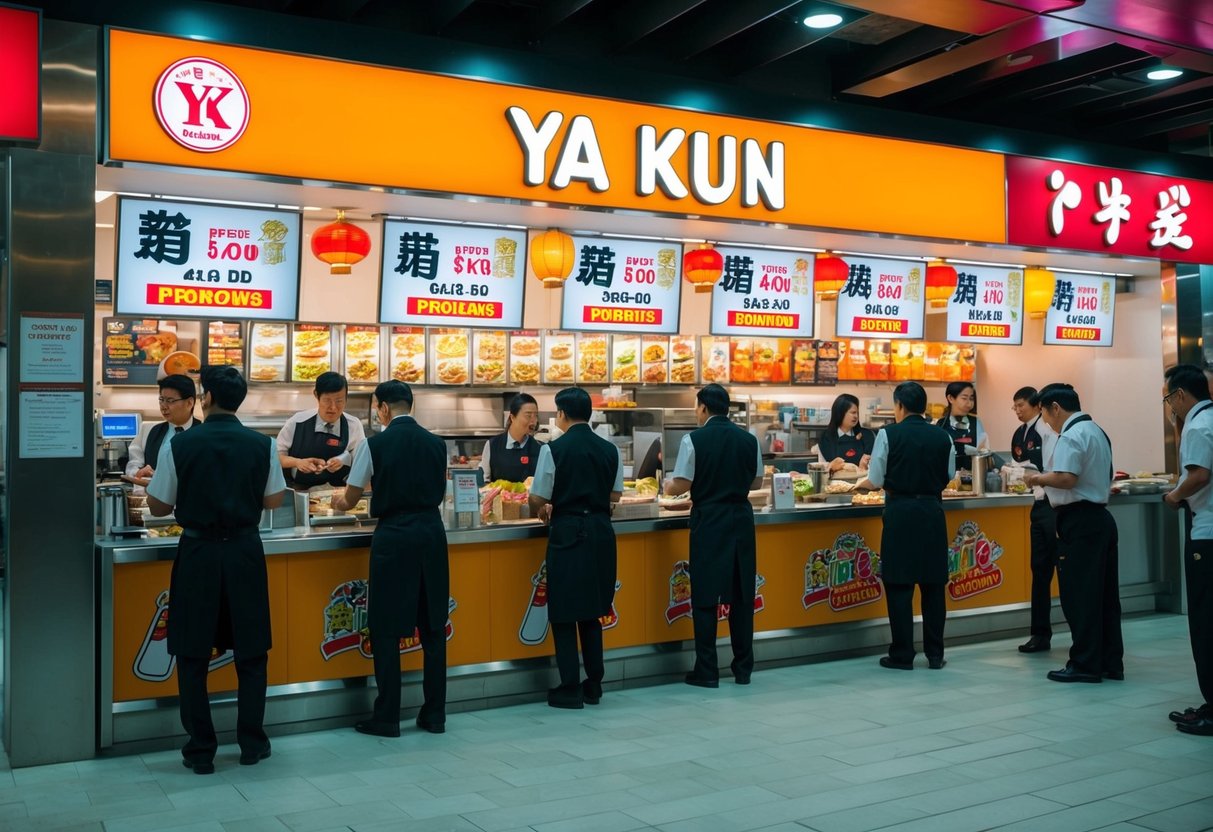 A bustling Ya Kun outlet with customers enjoying promotions, while staff prepare and serve food and drinks