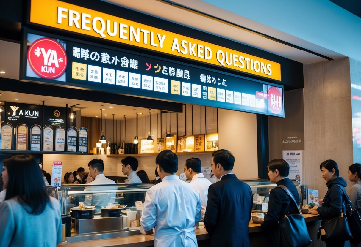 A bustling cafe with a prominent "Frequently Asked Questions" sign above a display of Ya Kun promotions. Customers line up at the counter