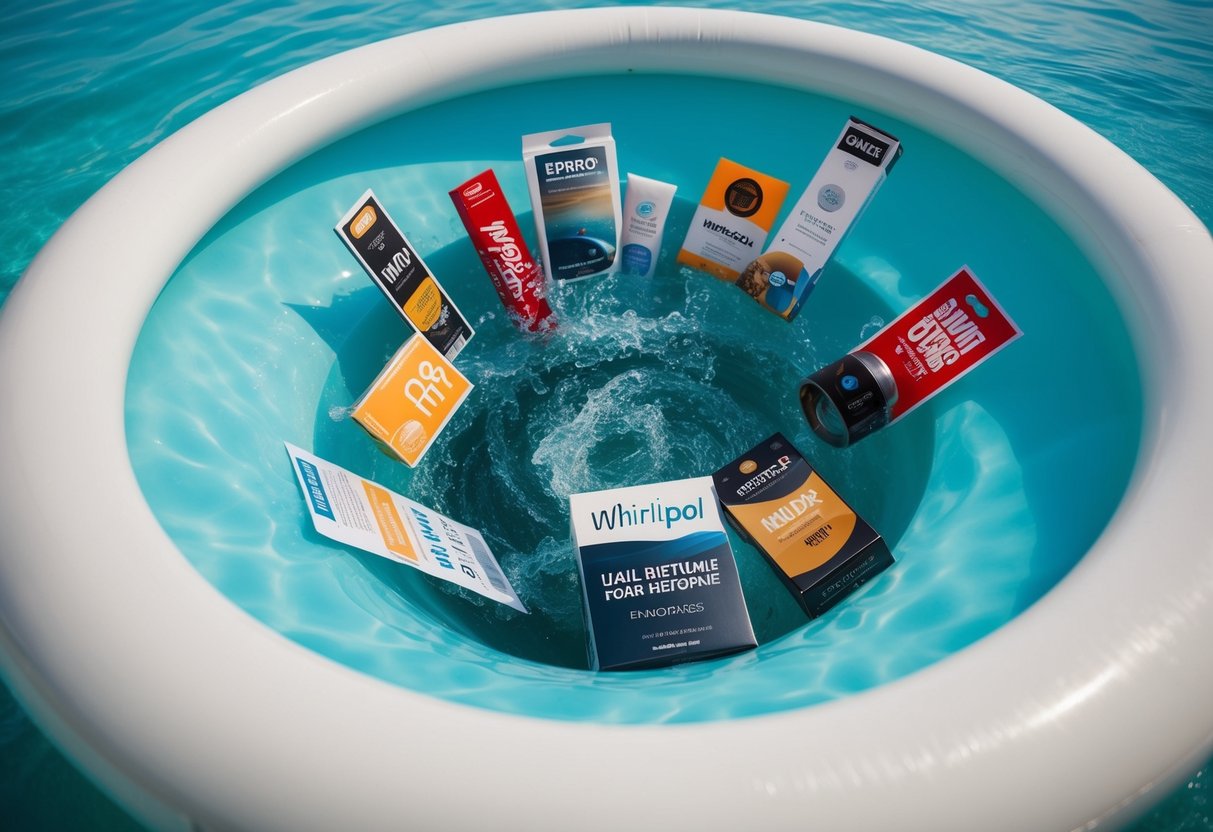 A whirlpool engulfing various promotional items and swirling them around