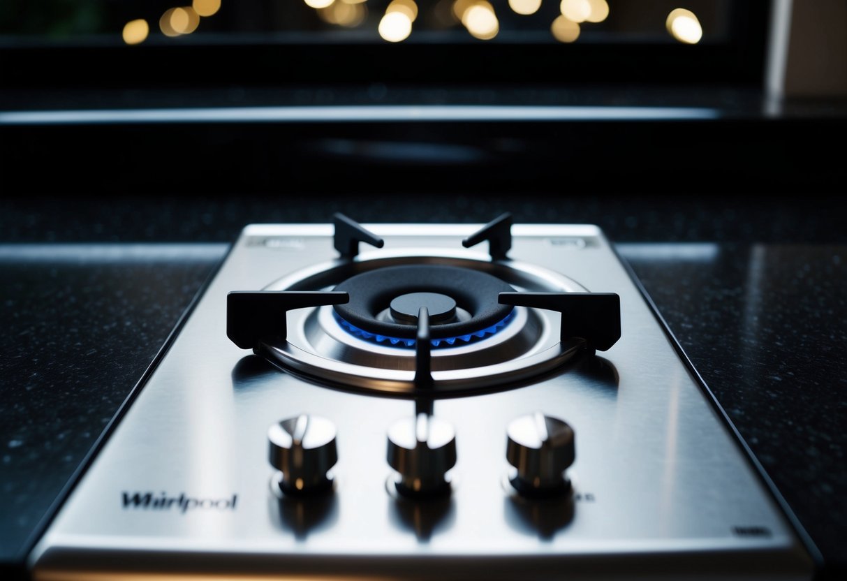A sleek, stainless steel gas hob sits against a dark granite countertop, with a single burner in the center and the Whirlpool logo subtly etched on the surface
