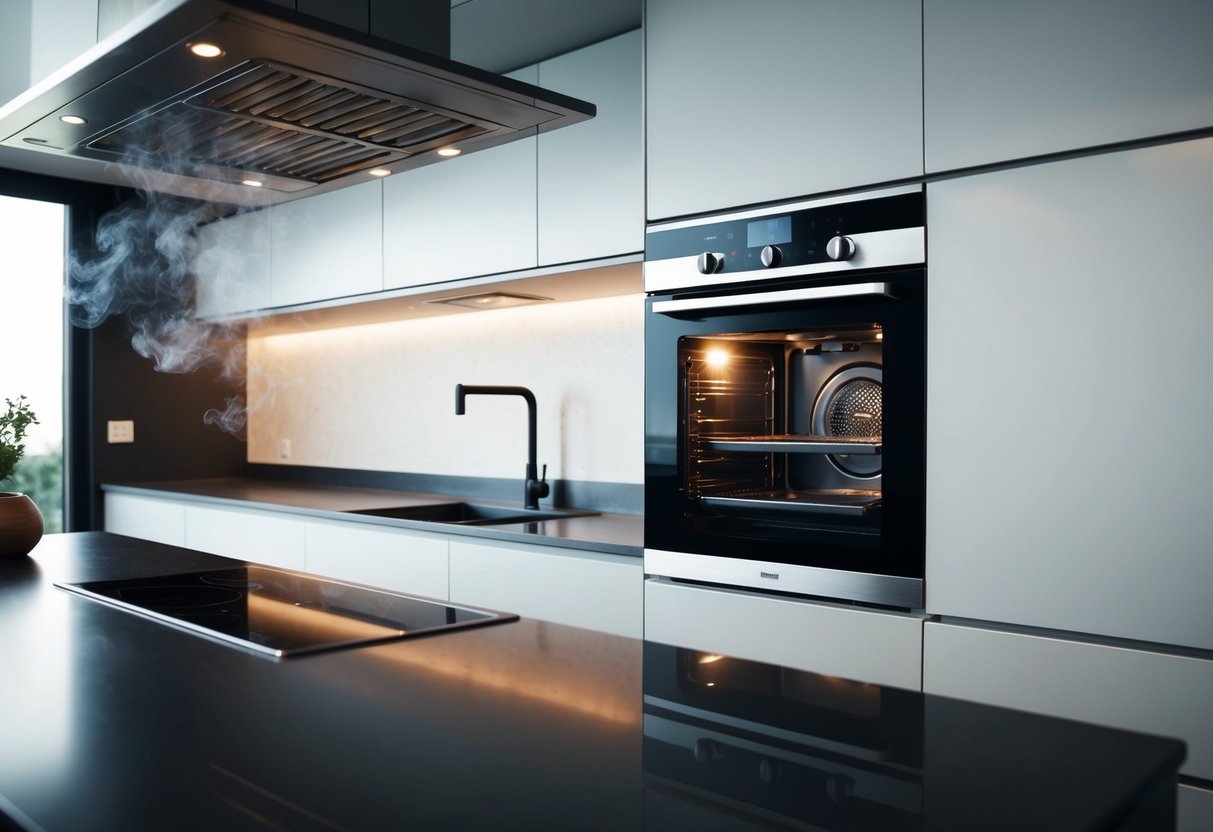 A modern kitchen with a sleek built-in oven, emitting steam while cooking