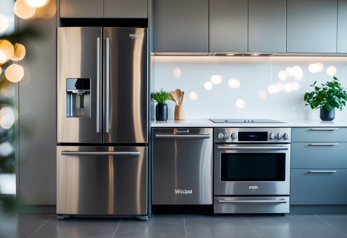A modern kitchen with a sleek, stainless steel refrigerator, dishwasher, and stove, all bearing the Whirlpool logo