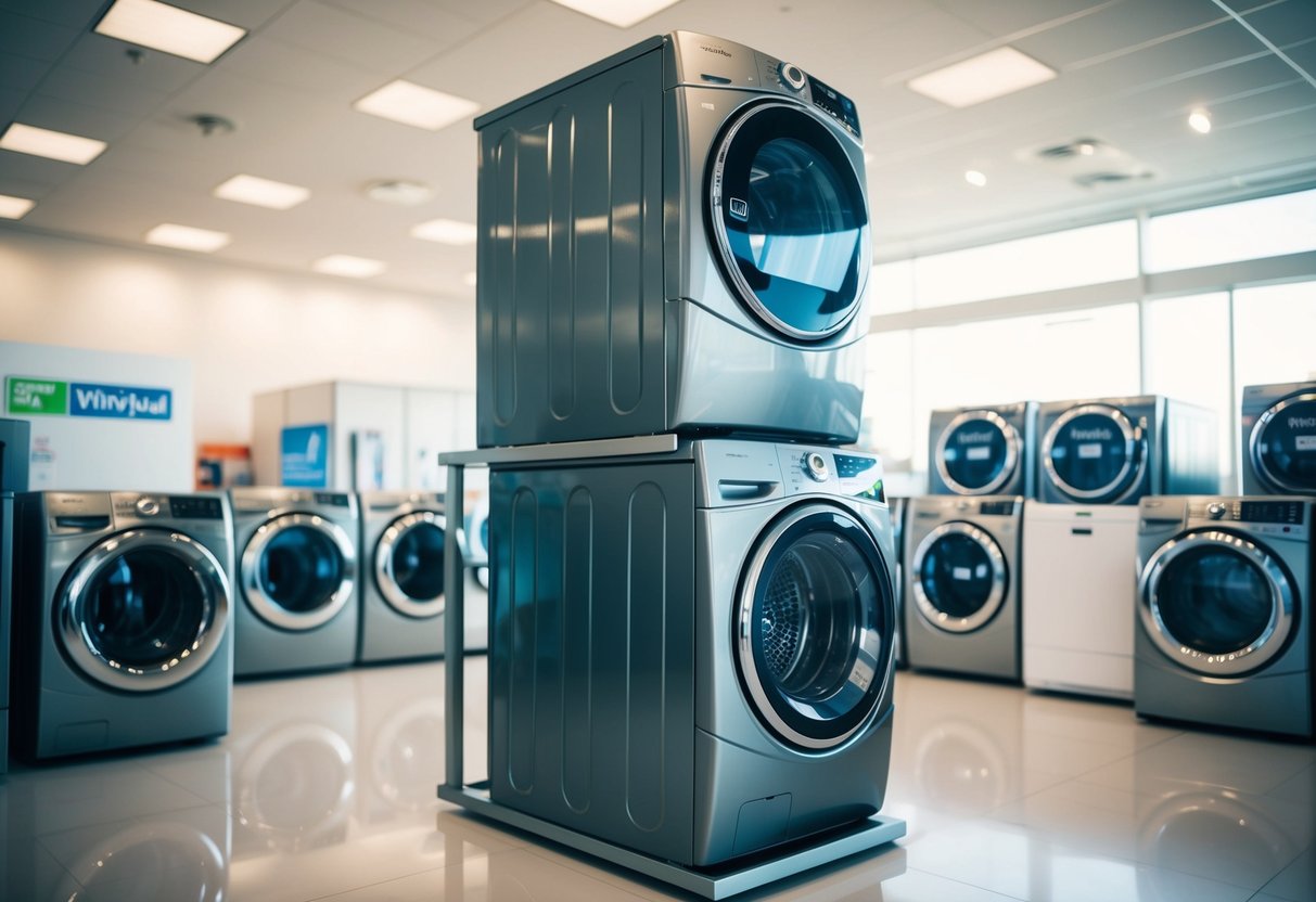 A stack of discounted Whirlpool washing machines displayed in a brightly lit showroom