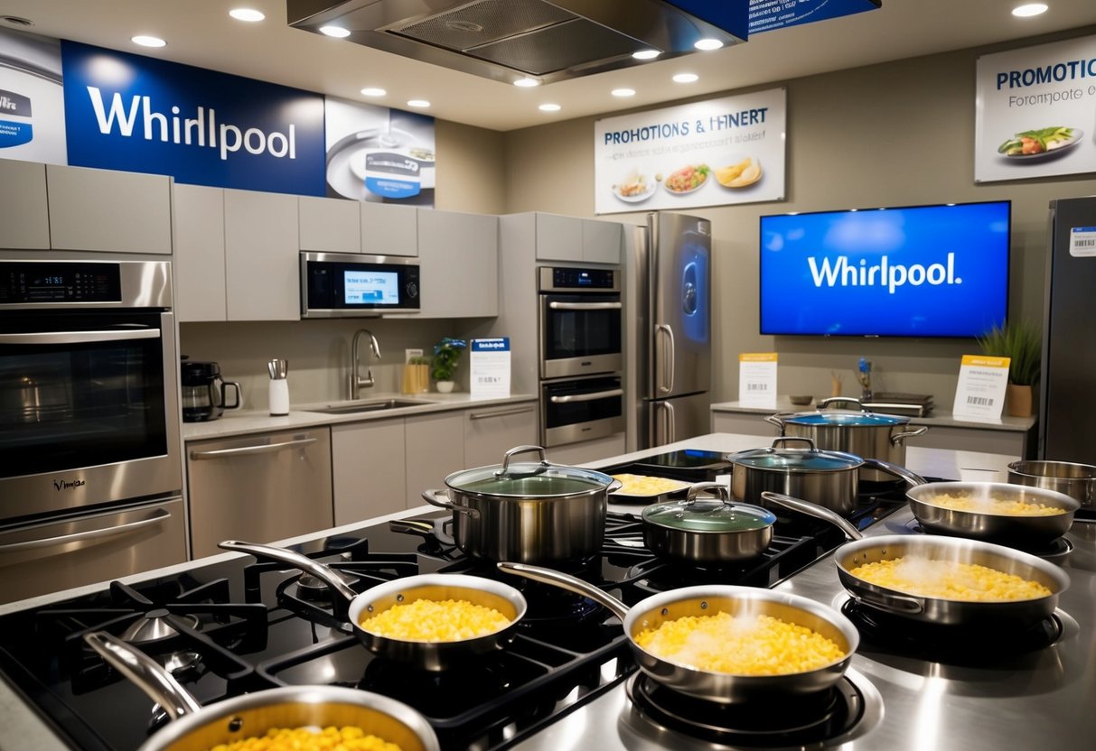 A kitchen filled with modern Whirlpool appliances, surrounded by sizzling pots and pans, with promotional banners and signs displayed prominently