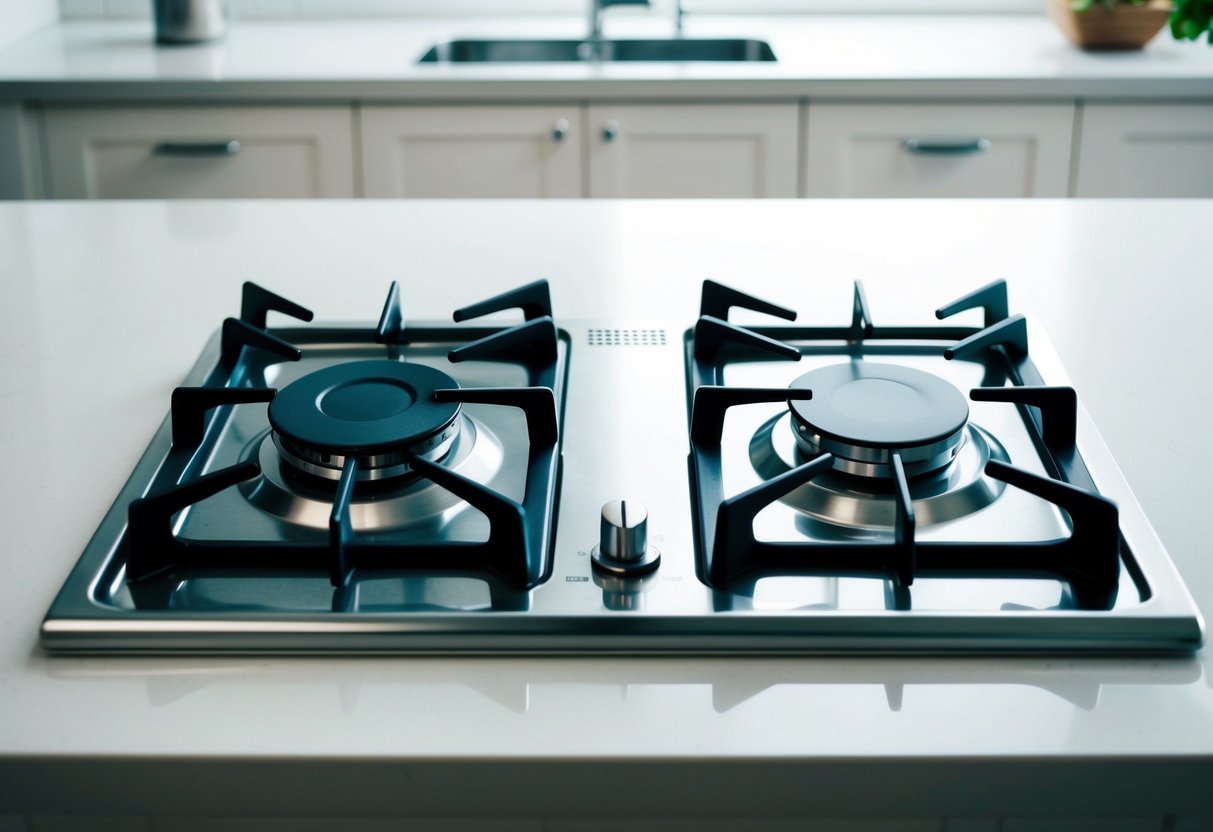 Two-burner gas hob with sleek stainless steel finish, positioned on a clean, modern kitchen countertop