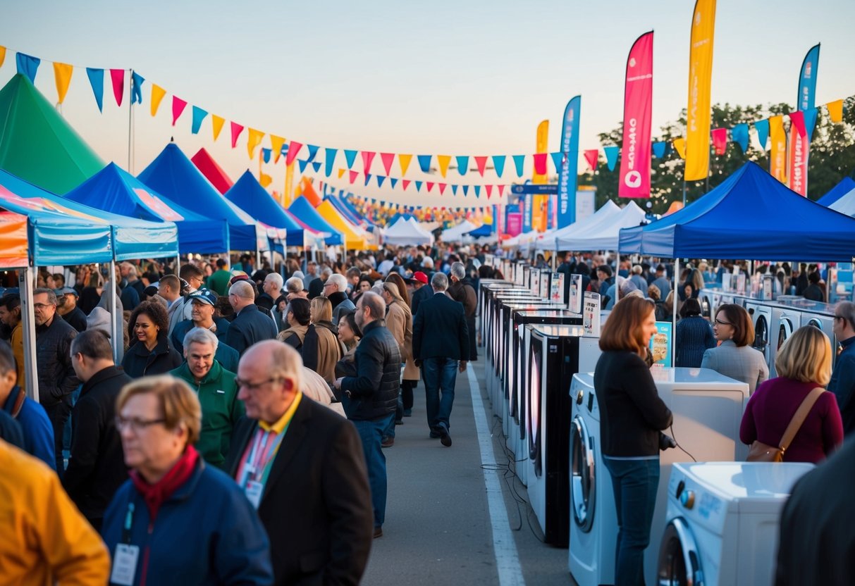 A bustling outdoor event with colorful banners, tents, and crowds of people browsing through rows of shiny appliances and electronics
