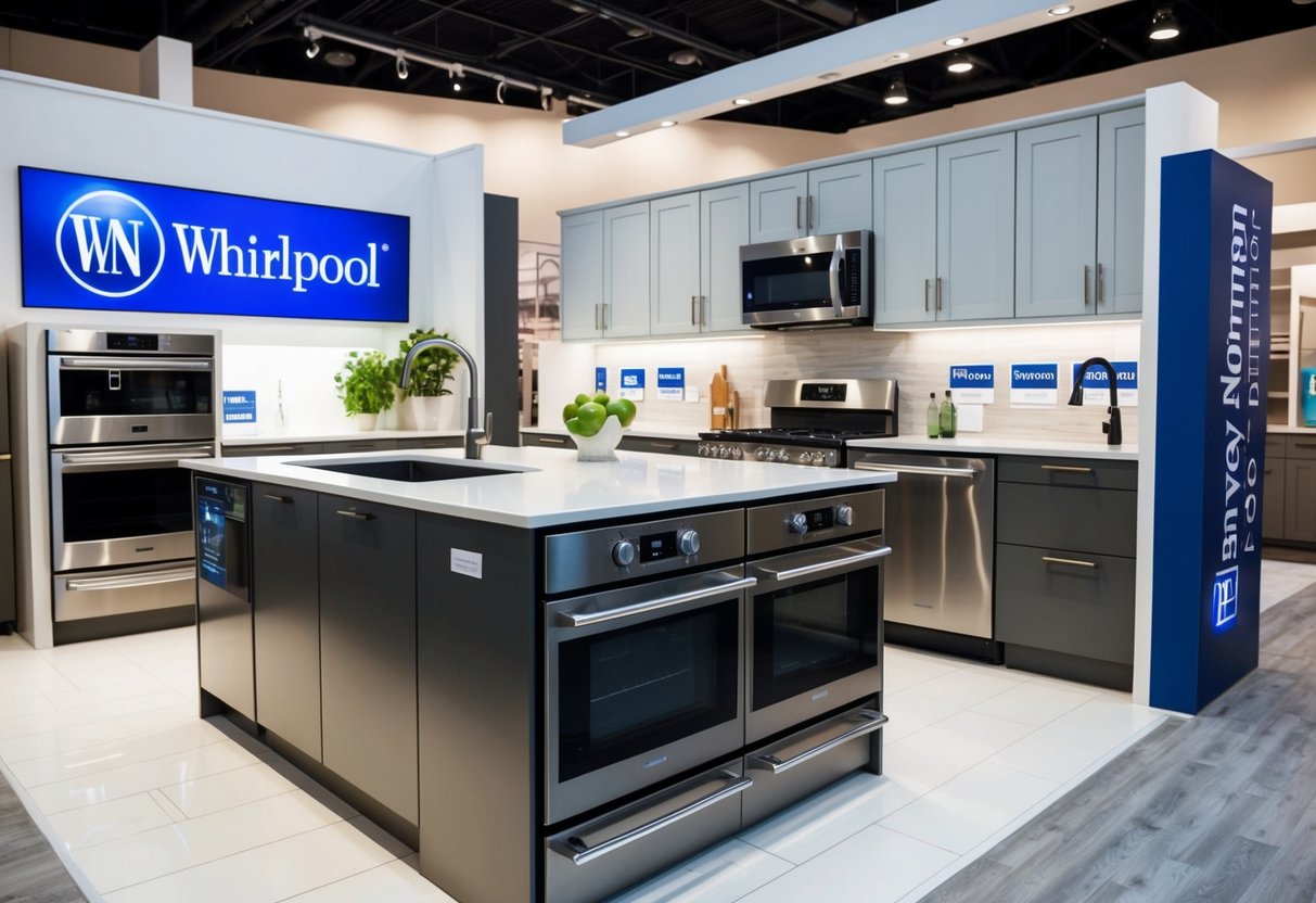A modern kitchen with sleek Whirlpool appliances on display at Harvey Norman, surrounded by promotional signage