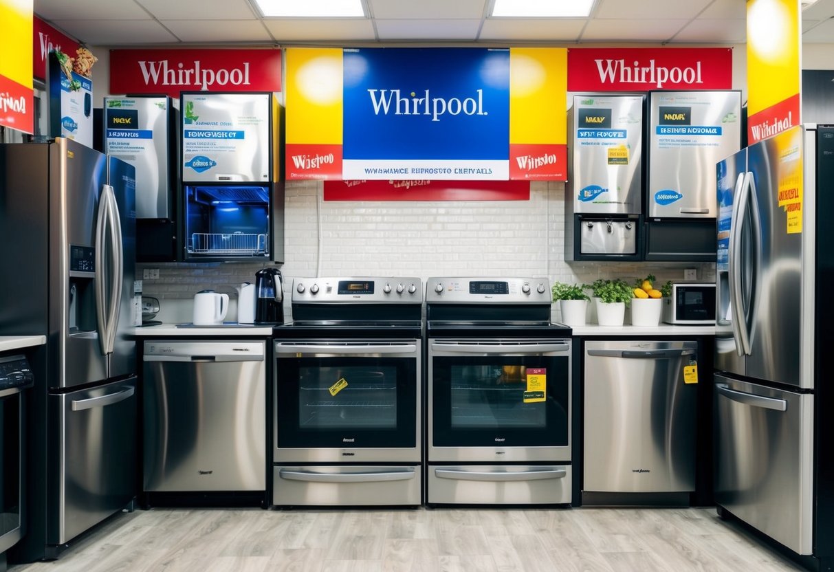 A kitchen filled with various Whirlpool appliances on sale, including refrigerators, stoves, and dishwashers. Bright promotional banners and logos adorn the walls