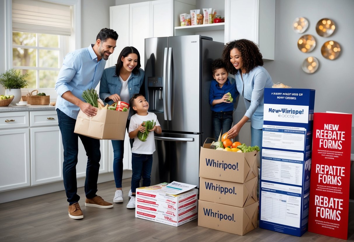 A family happily unpacks groceries next to a new Whirlpool fridge, surrounded by promotional materials and a stack of rebate forms