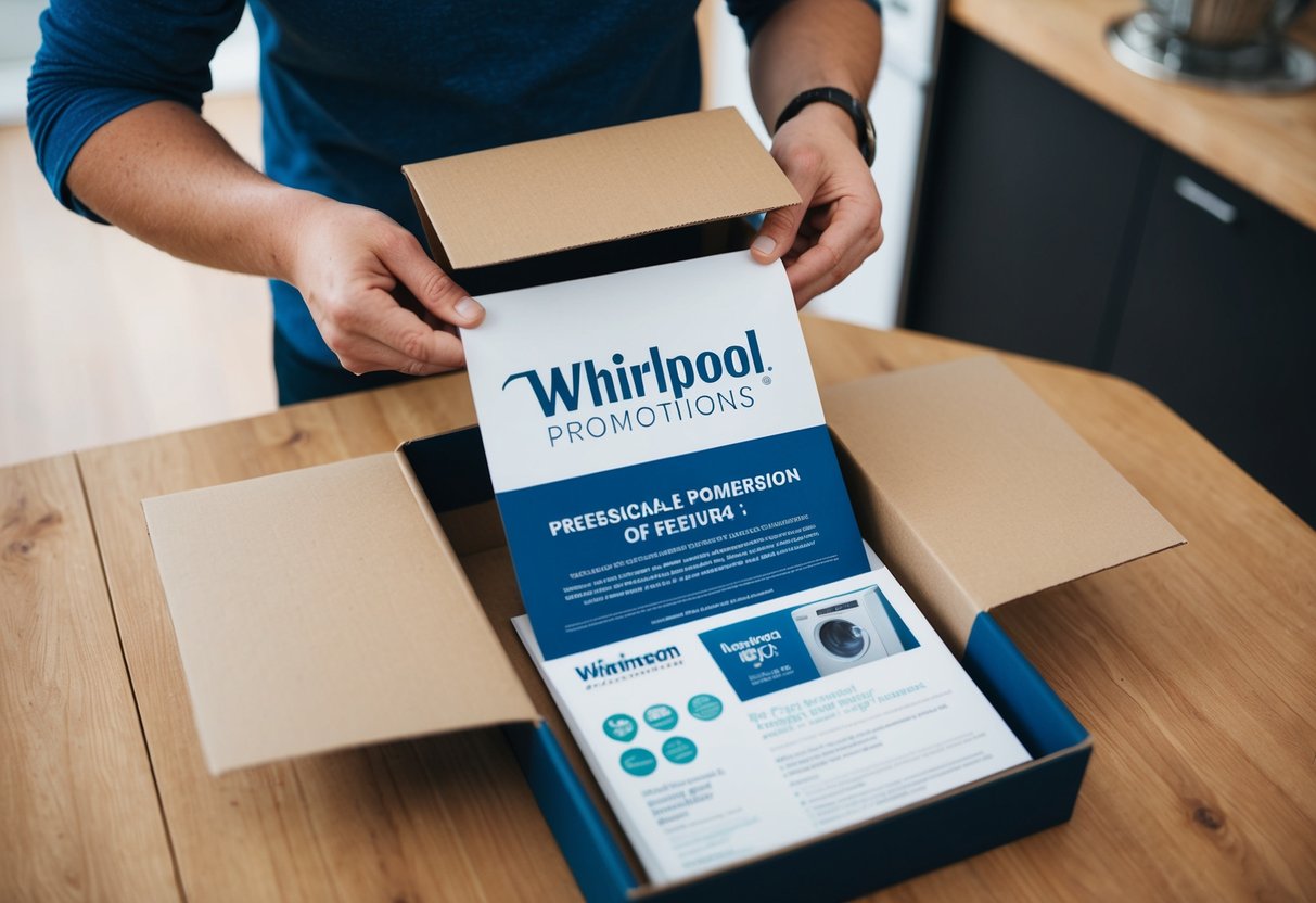 A person opening a package to find a whirlpool promotions flyer inside