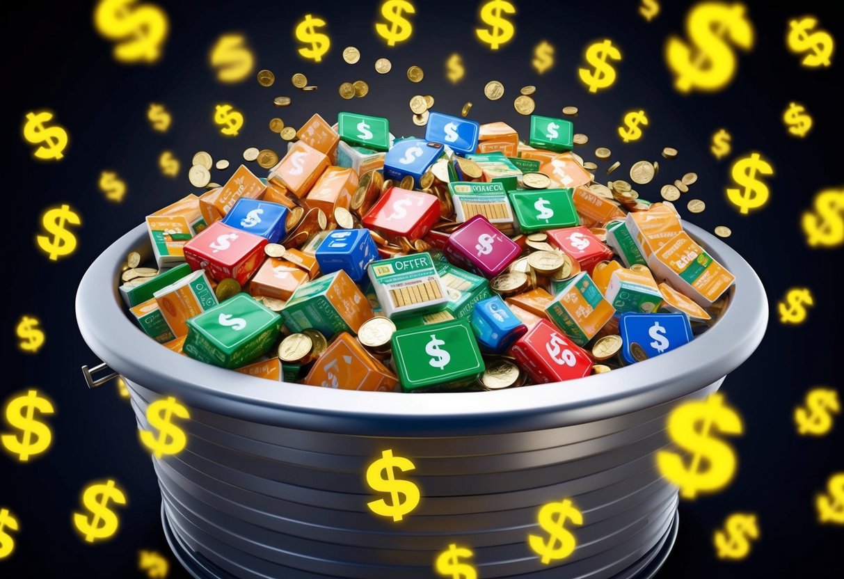 A whirlpool overflowing with various discounted items surrounded by money symbols