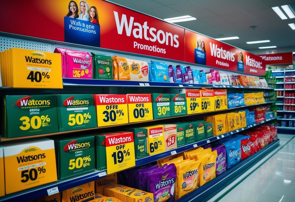 A vibrant display of Watsons promotions, featuring various products and discounts arranged neatly on shelves and racks