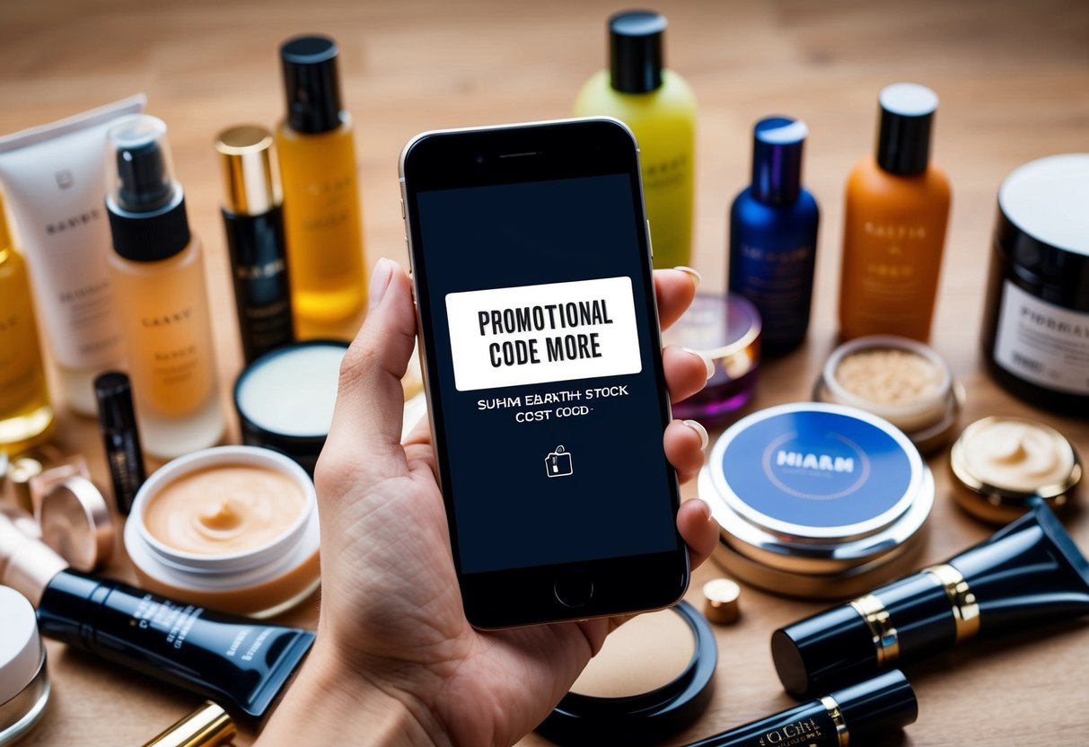 A hand holding a smartphone with a promotional code displayed on the screen, surrounded by various beauty and wellness products