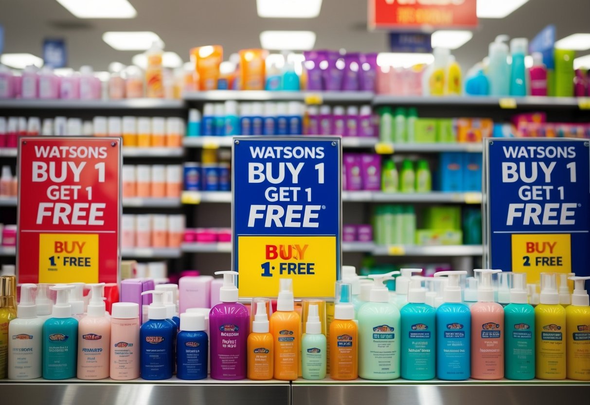 A colorful display of beauty and health products with prominent "Buy 1 Get 1 Free" signs at Watsons store