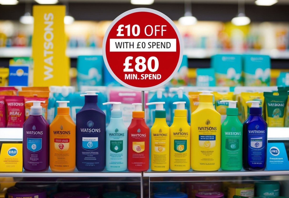 A colorful display of Watsons products with a prominent £10 OFF with £80 Min. Spend (GWS10) promotion sign