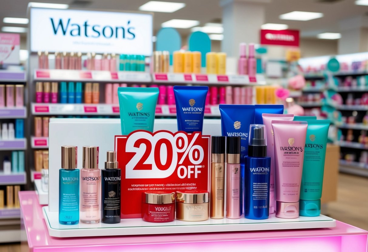 A vibrant display of beauty products with a prominent "20% OFF" sign at a Watsons store