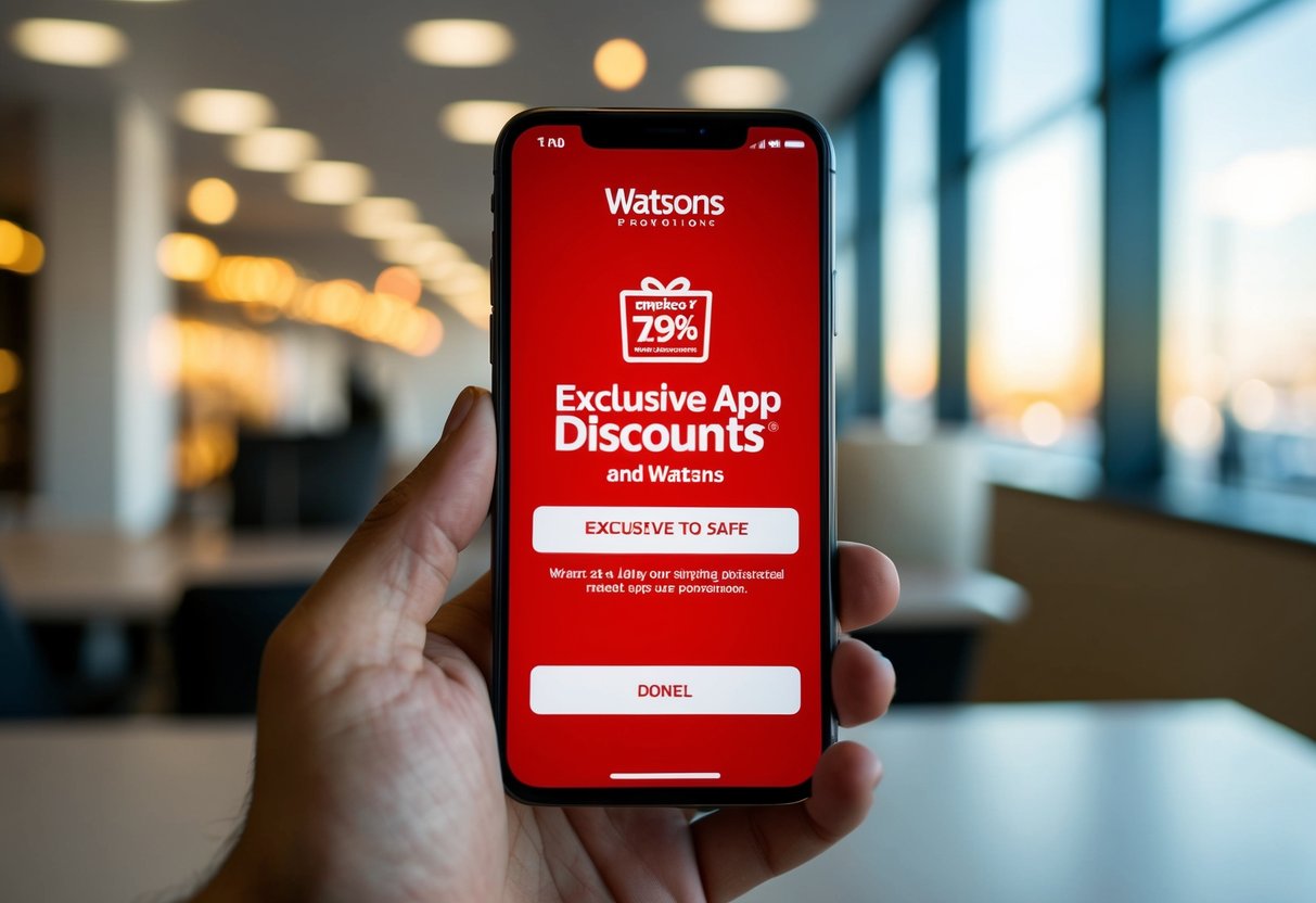 A smartphone displaying exclusive app discounts and Watsons promotions