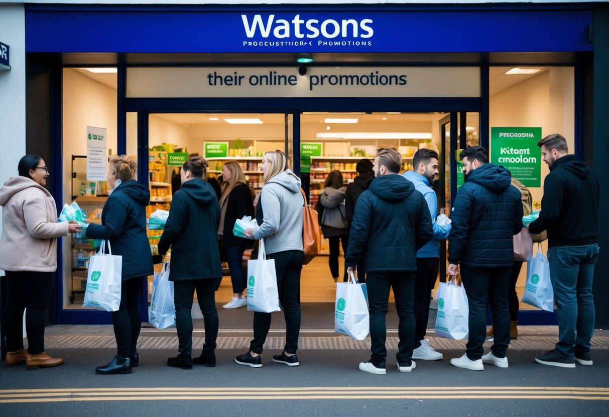 A busy store front with a line of customers waiting to pick up their online orders from the Watsons promotions. Staff members are seen handing out bags to the customers