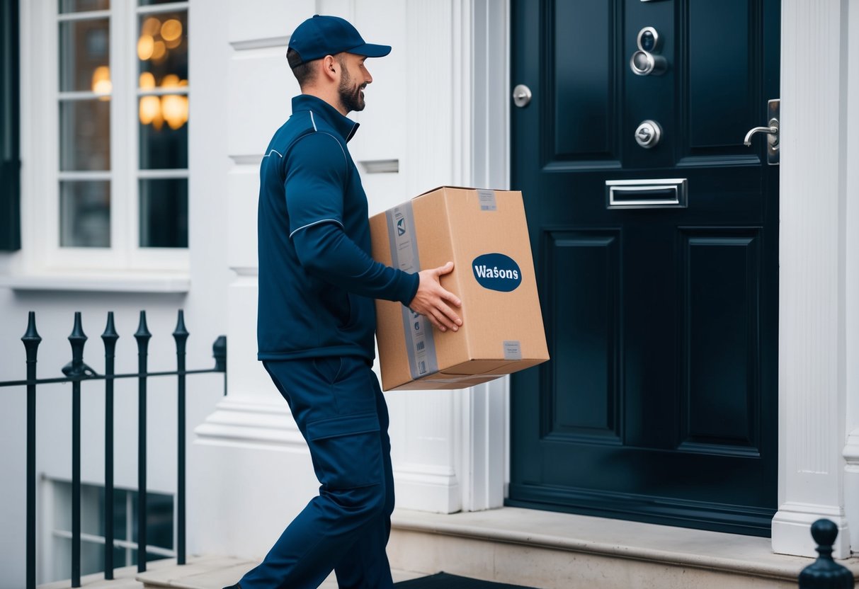 A delivery person dropping off a package at a doorstep with a Watsons logo on it