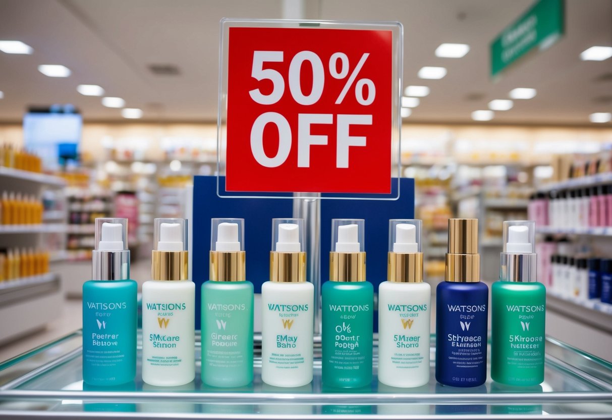 A display of skincare items with a prominent "50% OFF" sign at Watsons