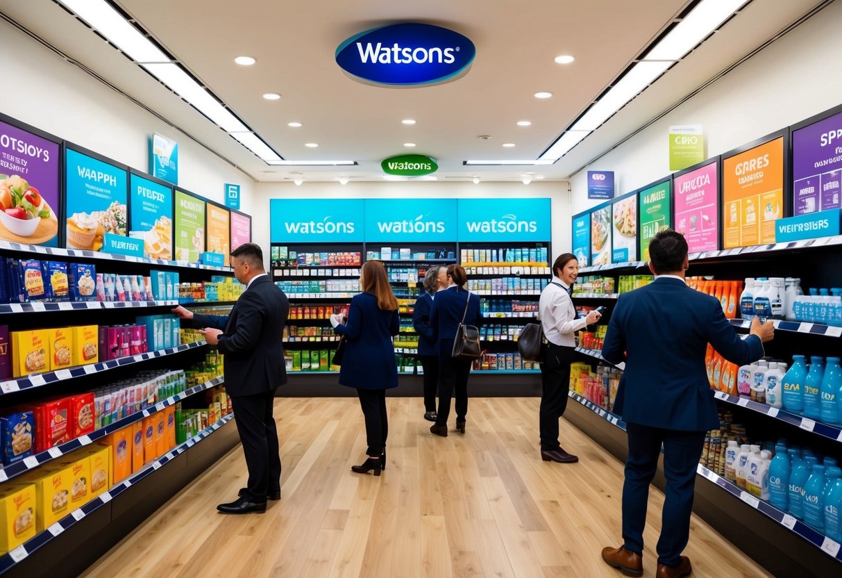 A brightly lit Watsons store with various promotional displays and products arranged neatly on shelves. Customers browsing and interacting with staff