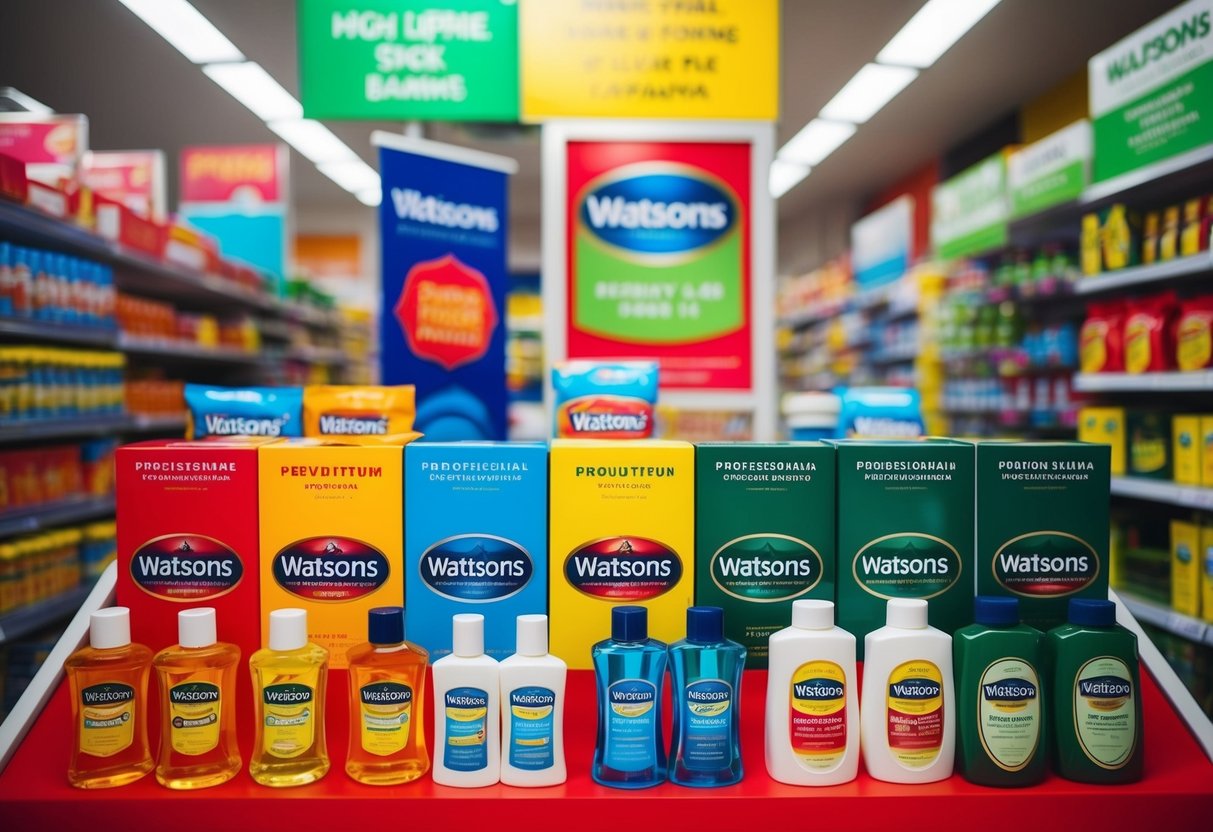 A colorful display of Watsons products with promotional signs and banners