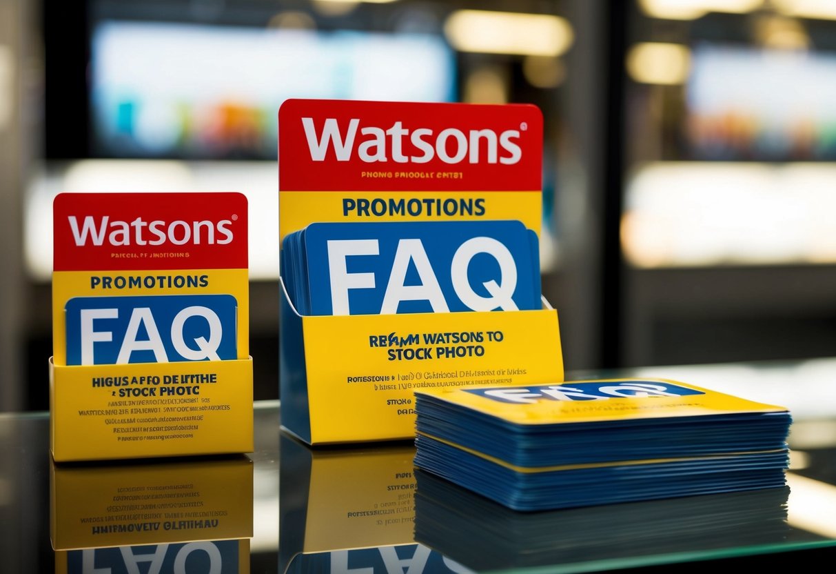 A display of Watsons promotions with a stack of FAQ cards