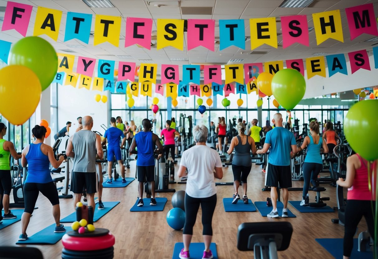 Brightly colored banners and balloons decorate a bustling gym, with people of all ages participating in fitness classes and using exercise equipment