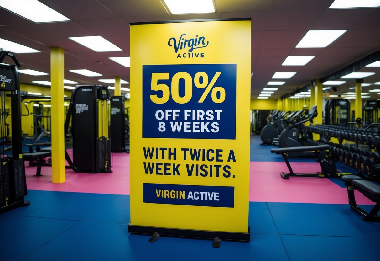 A vibrant gym interior with bold signage promoting "50% off first 8 weeks with twice a week visits" at Virgin Active