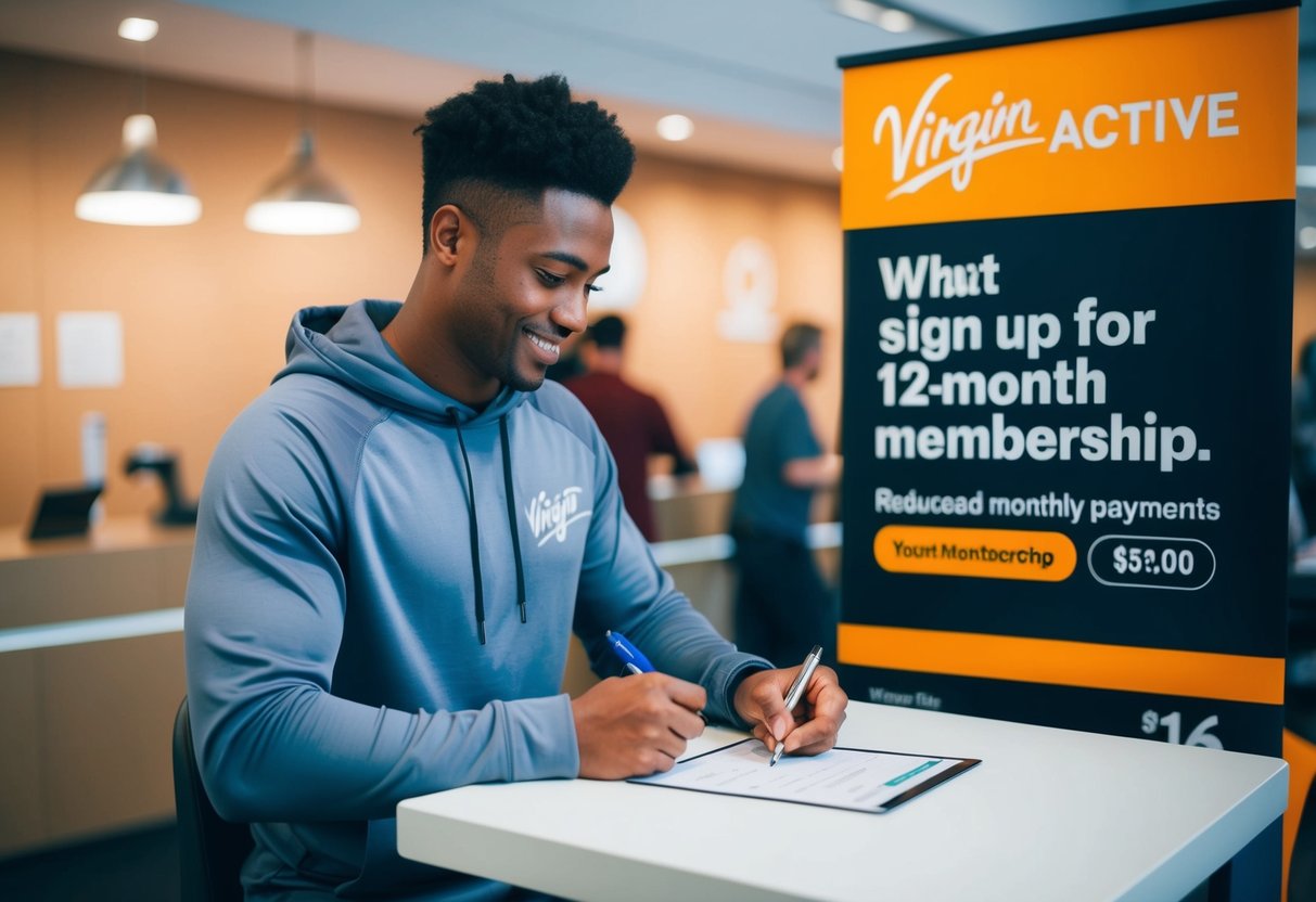 A person signing up for a 12-month membership at Virgin Active, with a promotional sign advertising reduced monthly payments