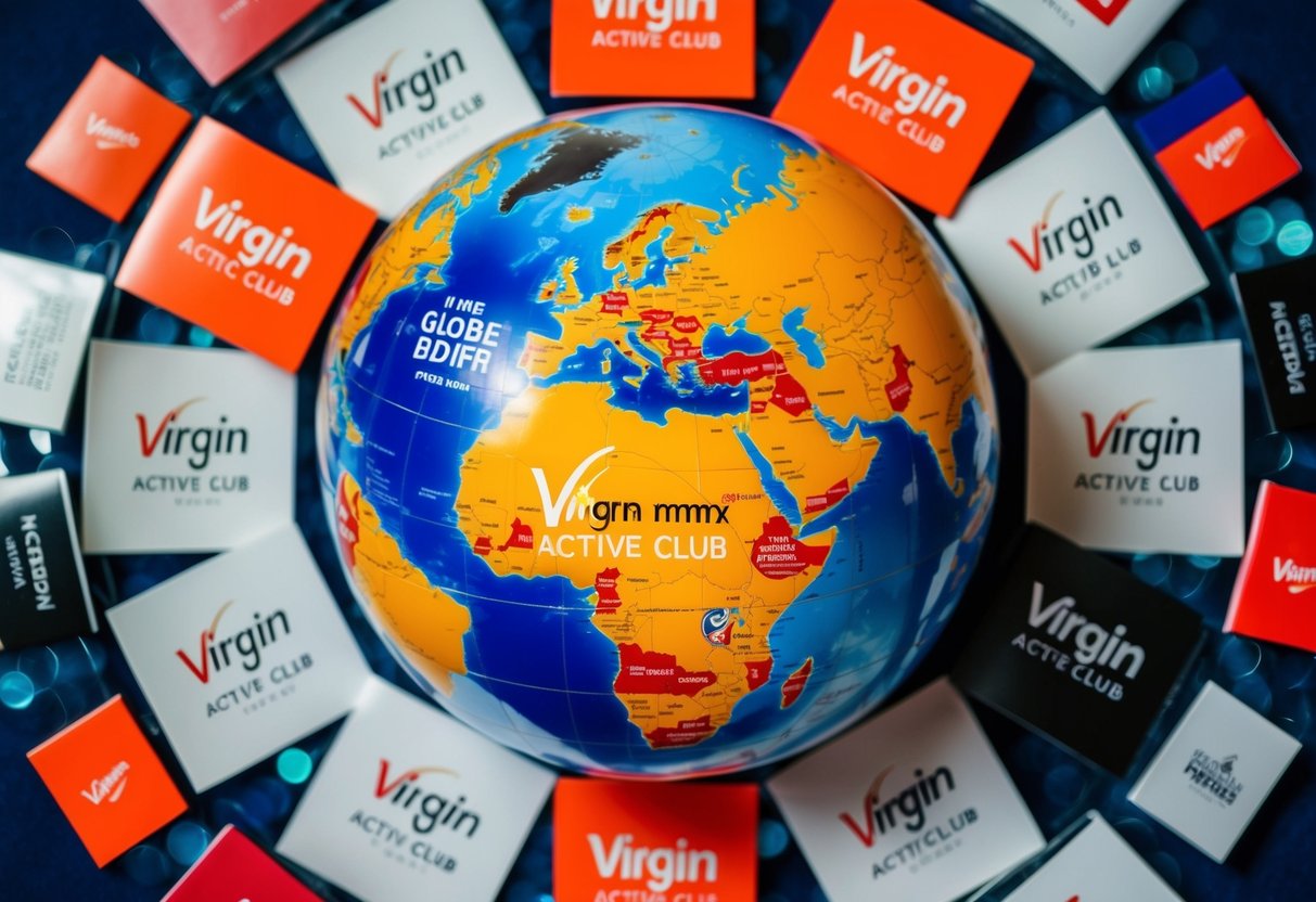 A globe surrounded by various Virgin Active club logos and promotional materials