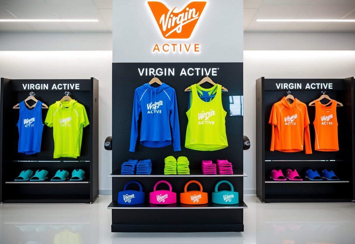 Brightly colored workout gear displayed in a clean, modern gym setting with the Virgin Active logo prominently featured