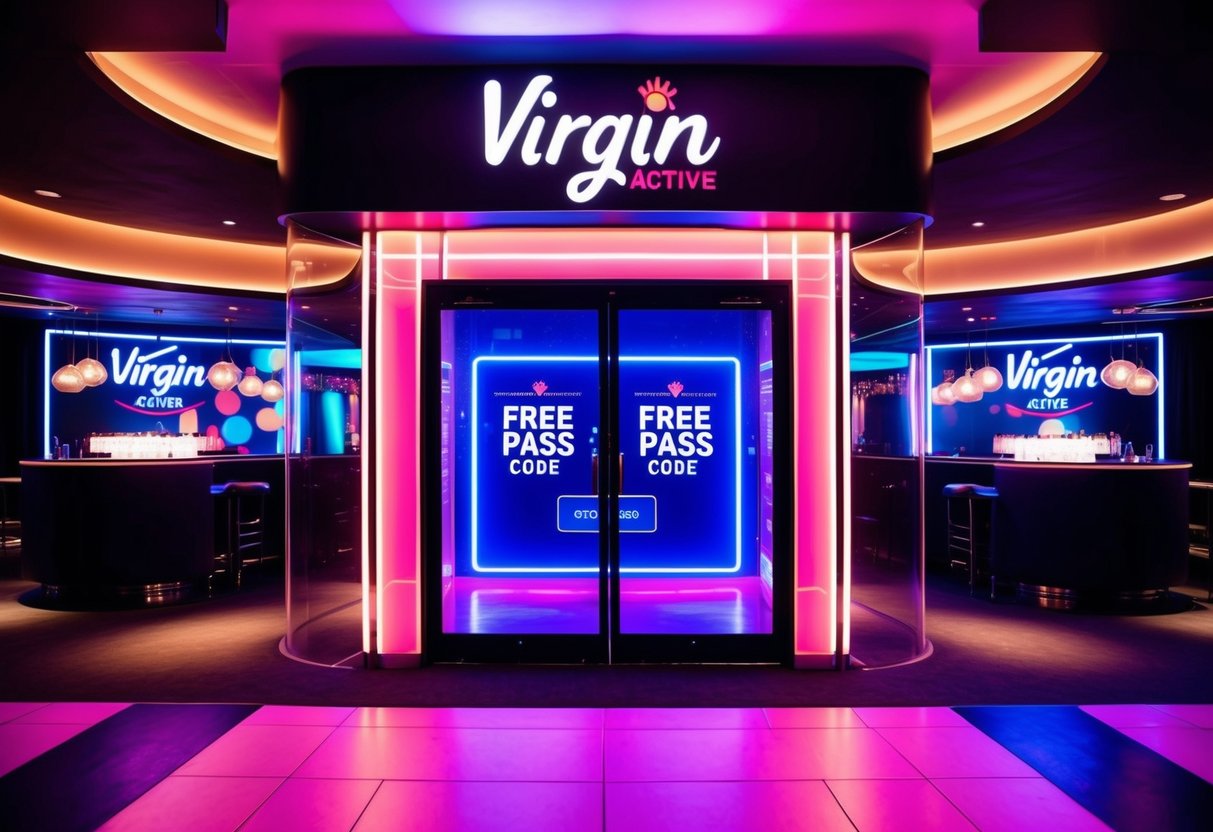 A vibrant, neon-lit club entrance with a sleek, modern design and a prominent display of a free pass code for Virgin Active promotions