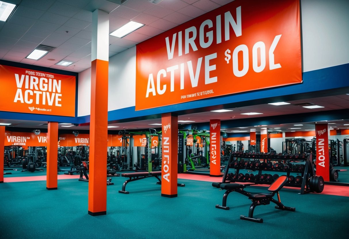 A vibrant gym with bold signage and colorful banners promoting Virgin Active discount offers
