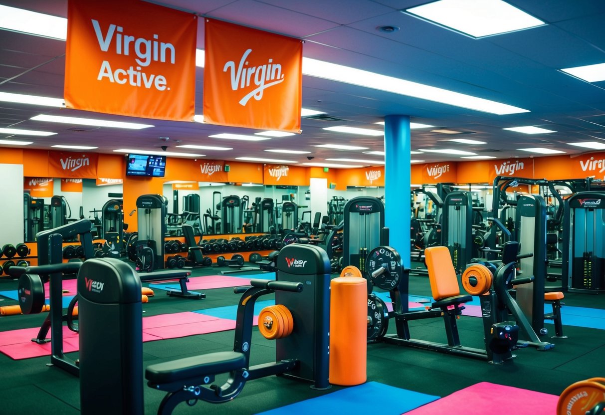 A vibrant gym with various workout stations and equipment, surrounded by promotional banners for Virgin Active memberships