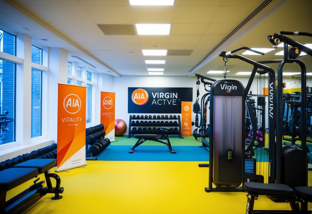 A vibrant gym interior with AIA Vitality branding, exercise equipment, and promotional materials for Virgin Active