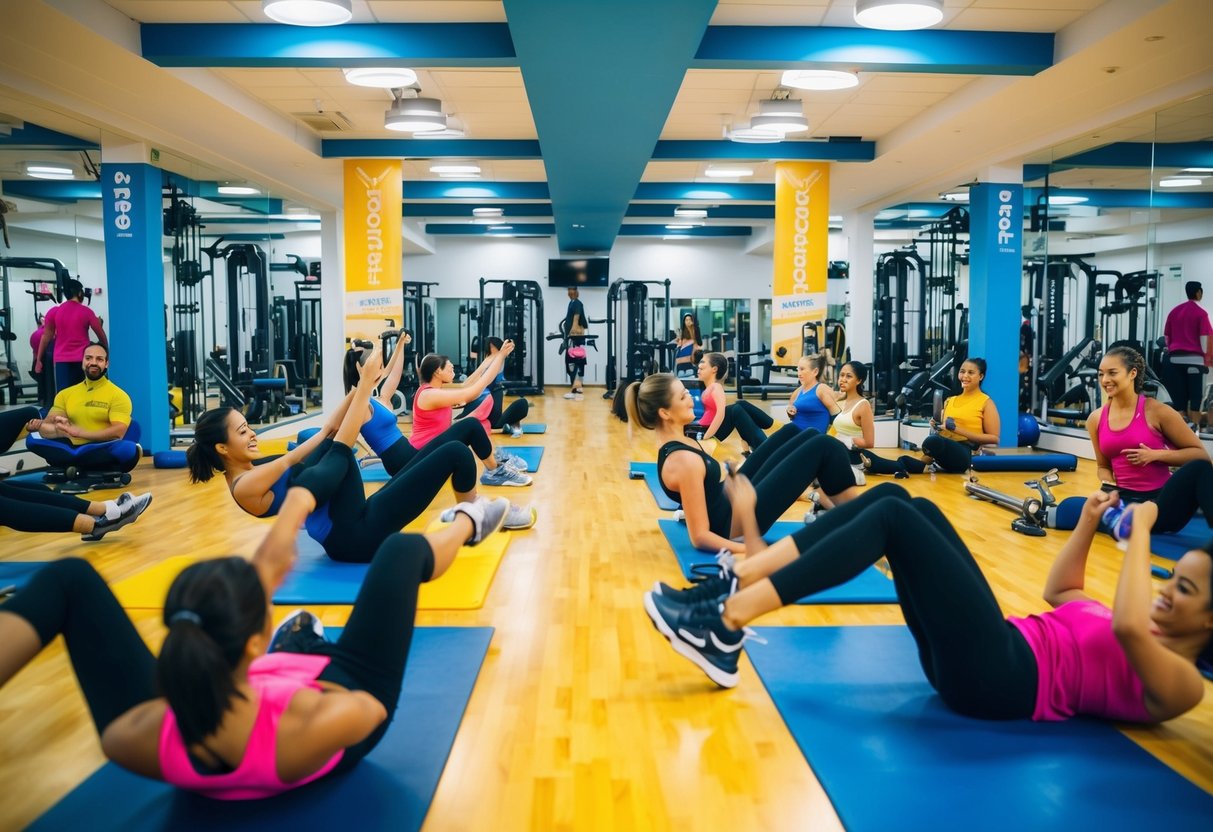 A vibrant gym with people enjoying classes and using state-of-the-art equipment, surrounded by promotional banners and signs