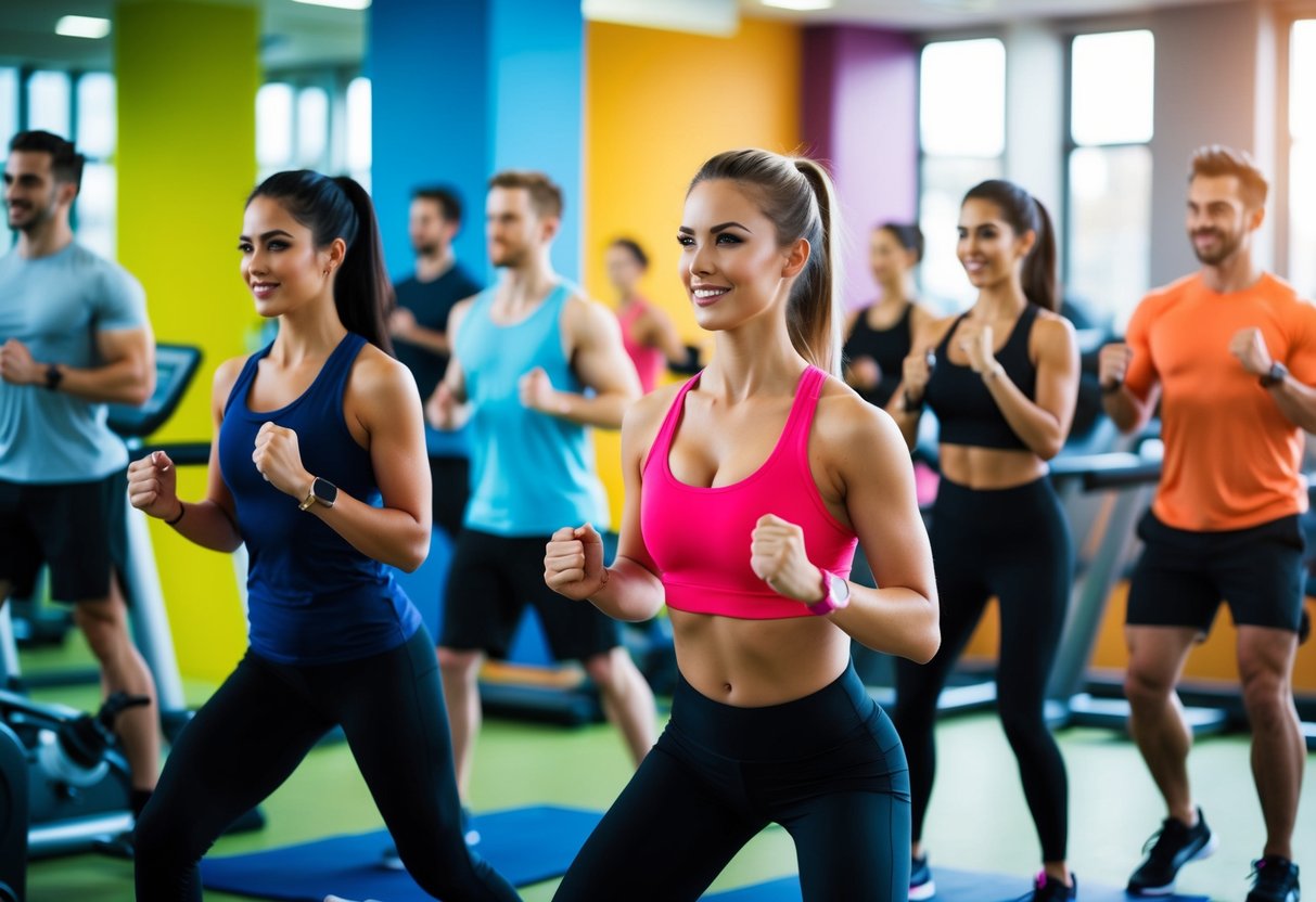 A group of people exercising in a modern gym with vibrant colors, state-of-the-art equipment, and energetic music playing in the background