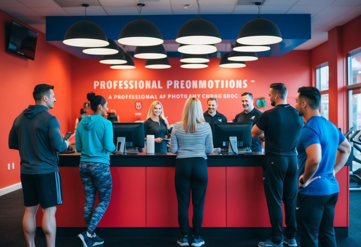 A vibrant gym with people asking about promotions at the front desk