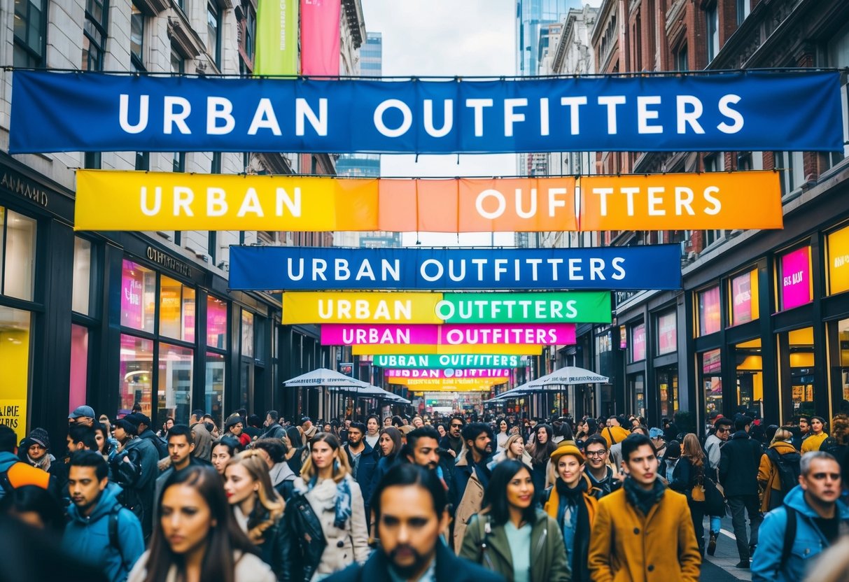 A crowded city street with colorful banners and signs promoting Urban Outfitters, surrounded by trendy buildings and bustling with people